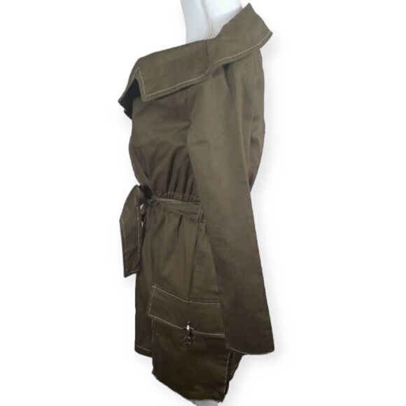 PRETTYLITTLETHING KHAKI/ARMY GREEN UTILITY TIE WAIST BARDOT ROMPER SZ.4 NWT. - Picture 7 of 11